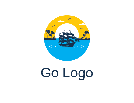 sun and palm trees behind ship in circle