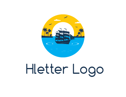 sun and palm trees behind ship in circle