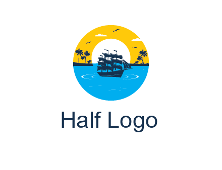 sun and palm trees behind ship in circle