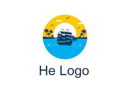 sun and palm trees behind ship in circle