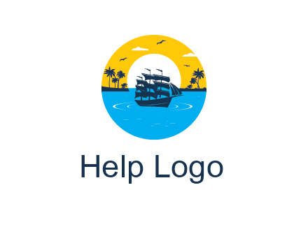 sun and palm trees behind ship in circle