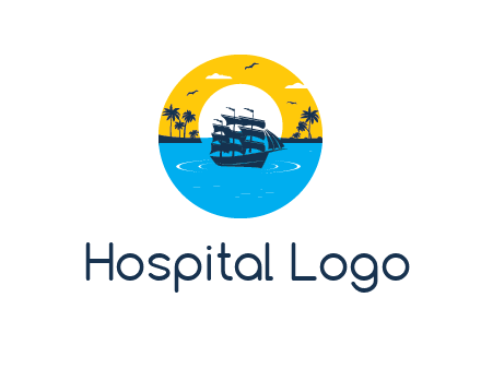 sun and palm trees behind ship in circle