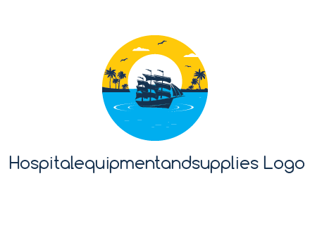 sun and palm trees behind ship in circle