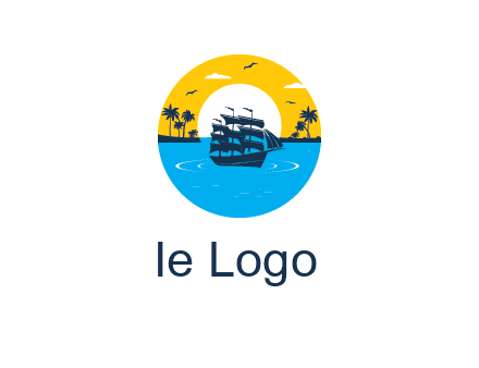 sun and palm trees behind ship in circle