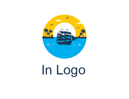 sun and palm trees behind ship in circle