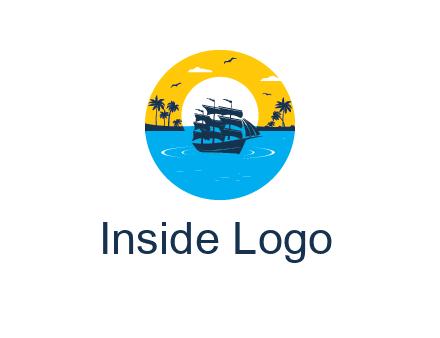 sun and palm trees behind ship in circle
