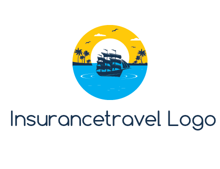sun and palm trees behind ship in circle
