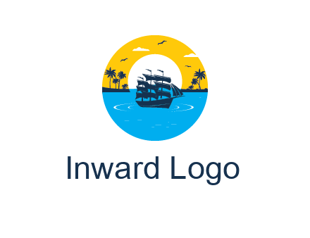 sun and palm trees behind ship in circle