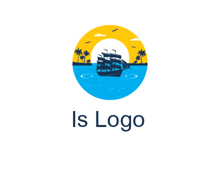 sun and palm trees behind ship in circle