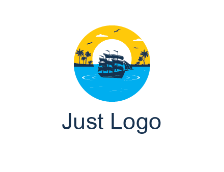 sun and palm trees behind ship in circle