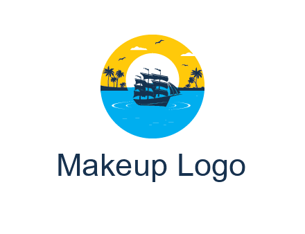 sun and palm trees behind ship in circle