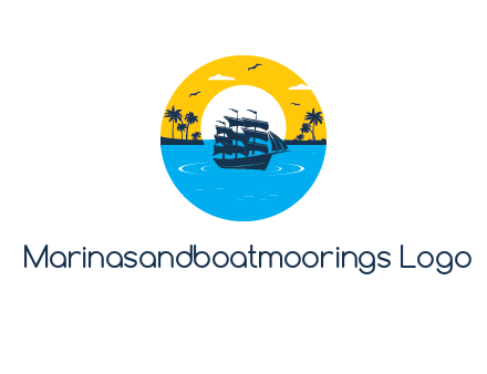 sun and palm trees behind ship in circle