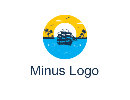sun and palm trees behind ship in circle