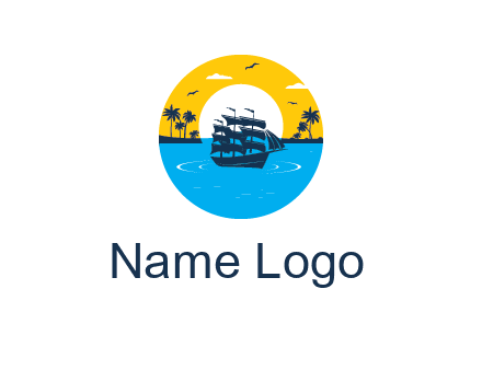 sun and palm trees behind ship in circle