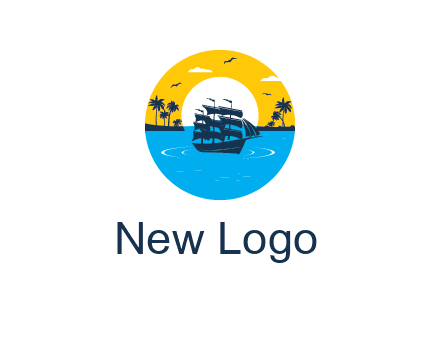 sun and palm trees behind ship in circle