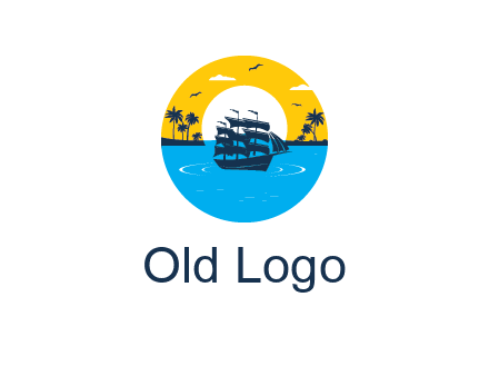 sun and palm trees behind ship in circle