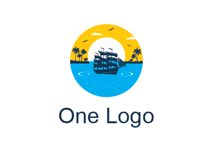sun and palm trees behind ship in circle