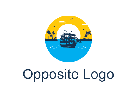 sun and palm trees behind ship in circle