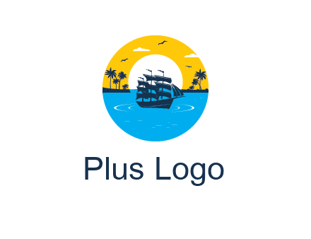 sun and palm trees behind ship in circle