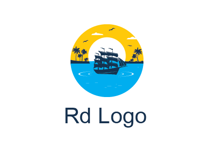 sun and palm trees behind ship in circle