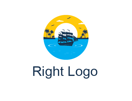 sun and palm trees behind ship in circle