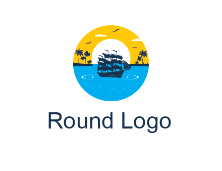 sun and palm trees behind ship in circle