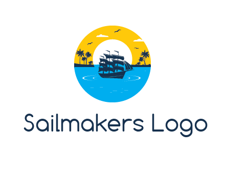 sun and palm trees behind ship in circle