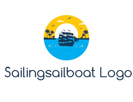 sun and palm trees behind ship in circle