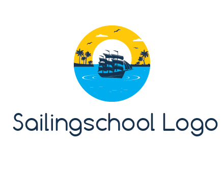 sun and palm trees behind ship in circle