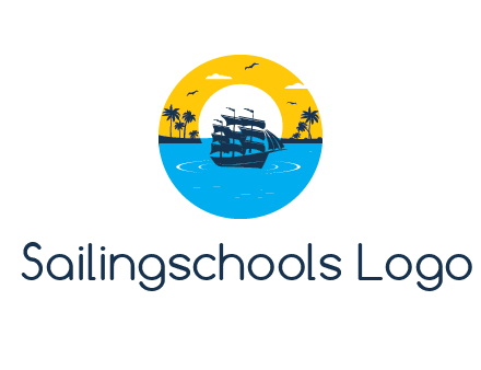 sun and palm trees behind ship in circle