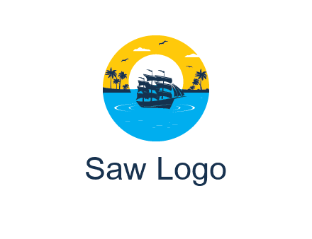 sun and palm trees behind ship in circle