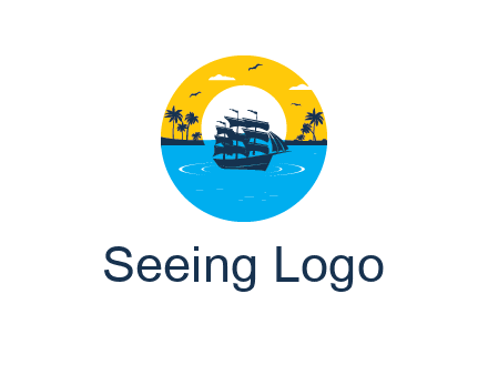 sun and palm trees behind ship in circle