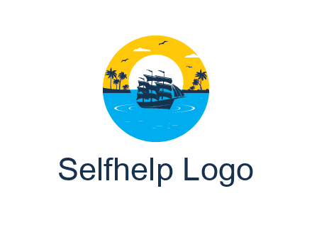 sun and palm trees behind ship in circle