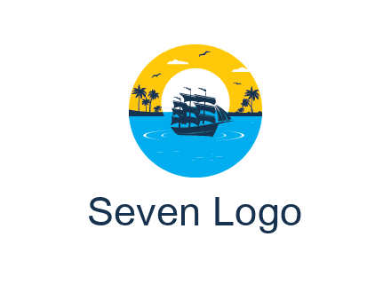 sun and palm trees behind ship in circle