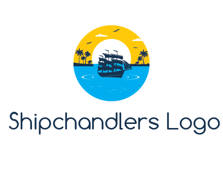 sun and palm trees behind ship in circle