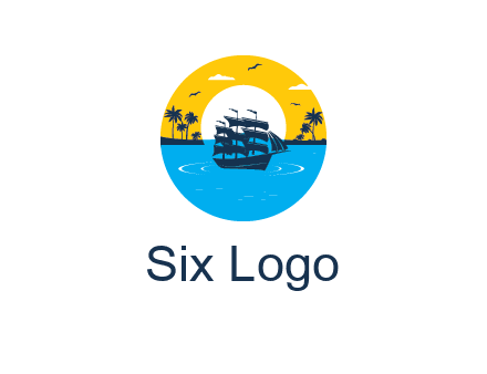 sun and palm trees behind ship in circle