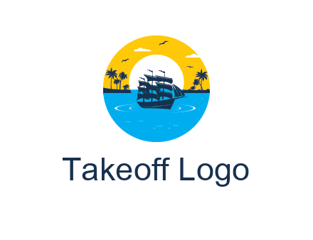 sun and palm trees behind ship in circle