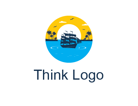 sun and palm trees behind ship in circle