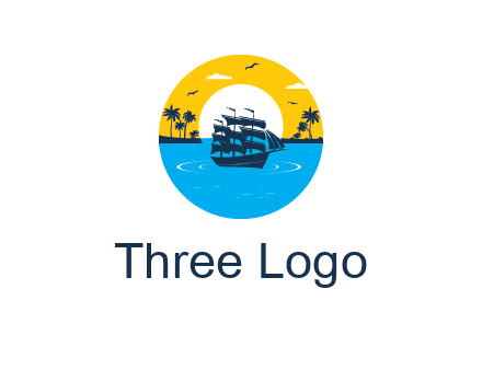 sun and palm trees behind ship in circle