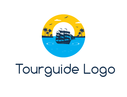 sun and palm trees behind ship in circle