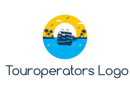 sun and palm trees behind ship in circle