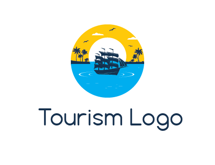 sun and palm trees behind ship in circle