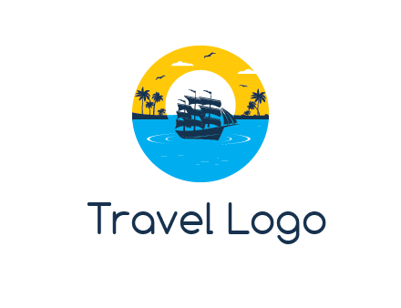 sun and palm trees behind ship in circle