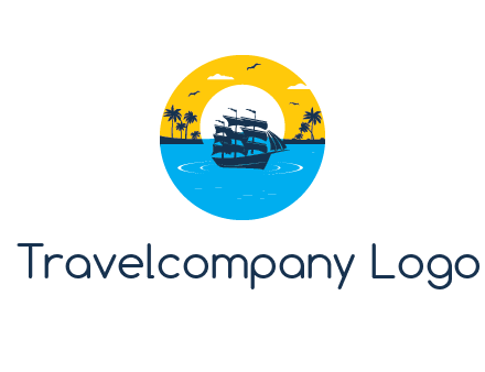 sun and palm trees behind ship in circle