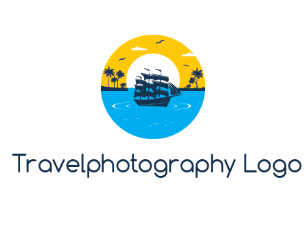 sun and palm trees behind ship in circle