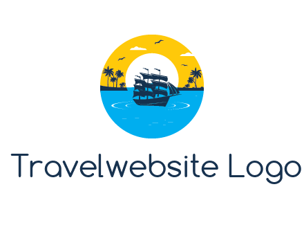 sun and palm trees behind ship in circle