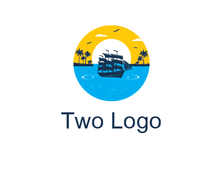 sun and palm trees behind ship in circle