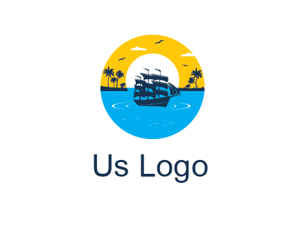 sun and palm trees behind ship in circle