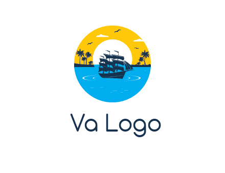 sun and palm trees behind ship in circle