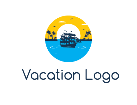 sun and palm trees behind ship in circle